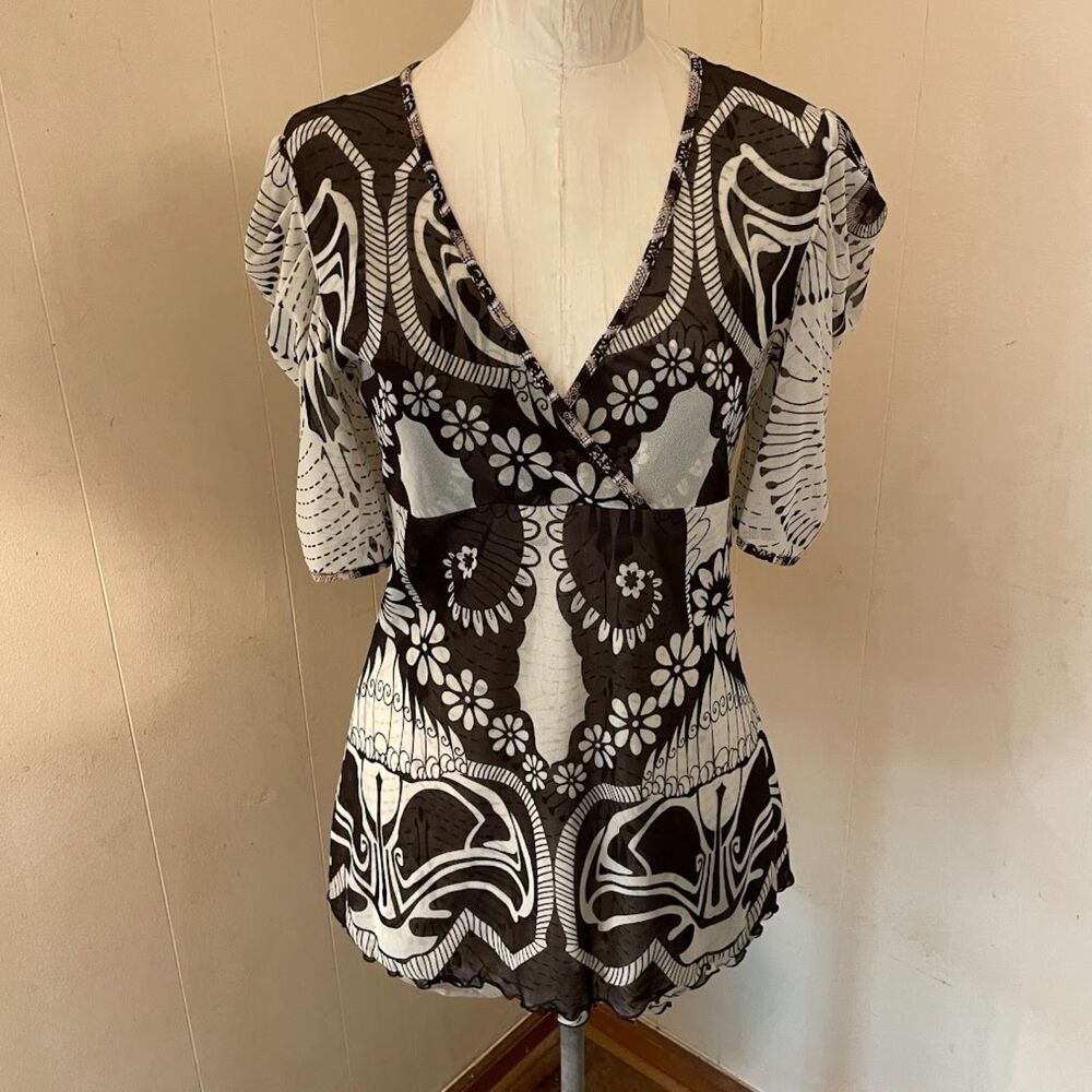 Vintage y2k ANAC Designed By KIMI Psychedelic Mesh Puff Shoulder TOP L